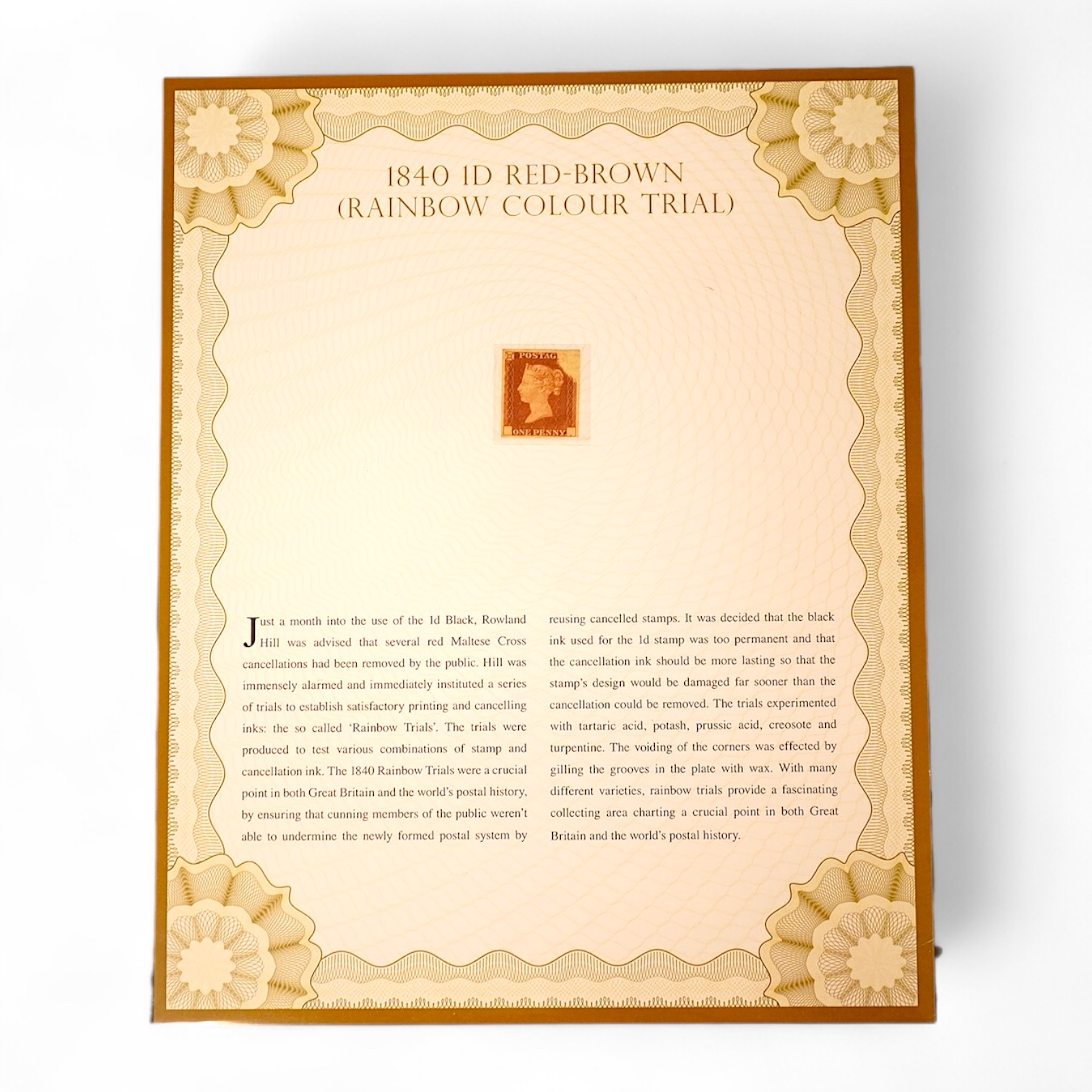 1840 'Rainbow' colour trial of the 1d without letters and the top right corner void, in Westminster Collection case with certificate